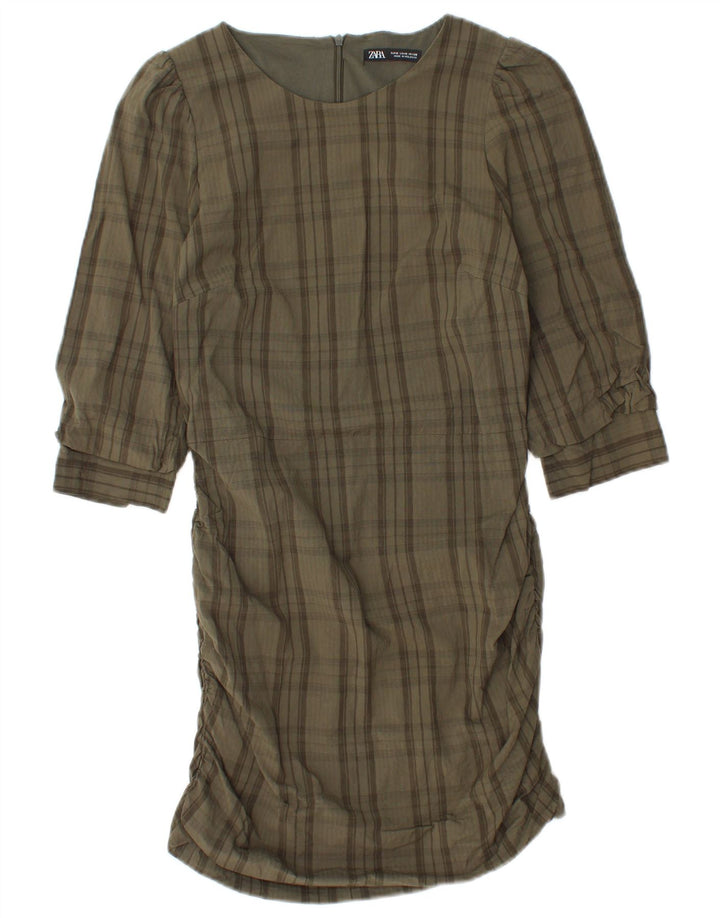 Rochie rotativă pentru femei Zara, cu mâneci 3/4 UK 12 Medium Khaki Check Viscose