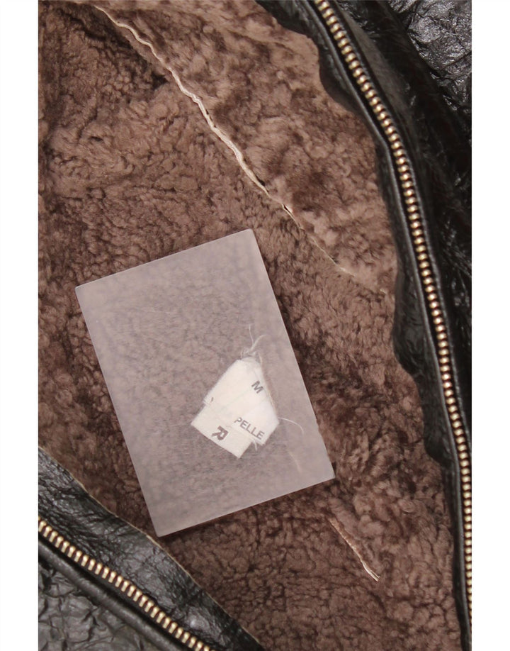 Jachetă din shearling vintage pentru femei UK 14 mediu din piele neagră