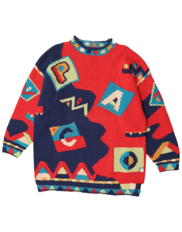 Pulover vintage cu gât țestoasă pentru femei UK 16 mare roșu geometric Noutate