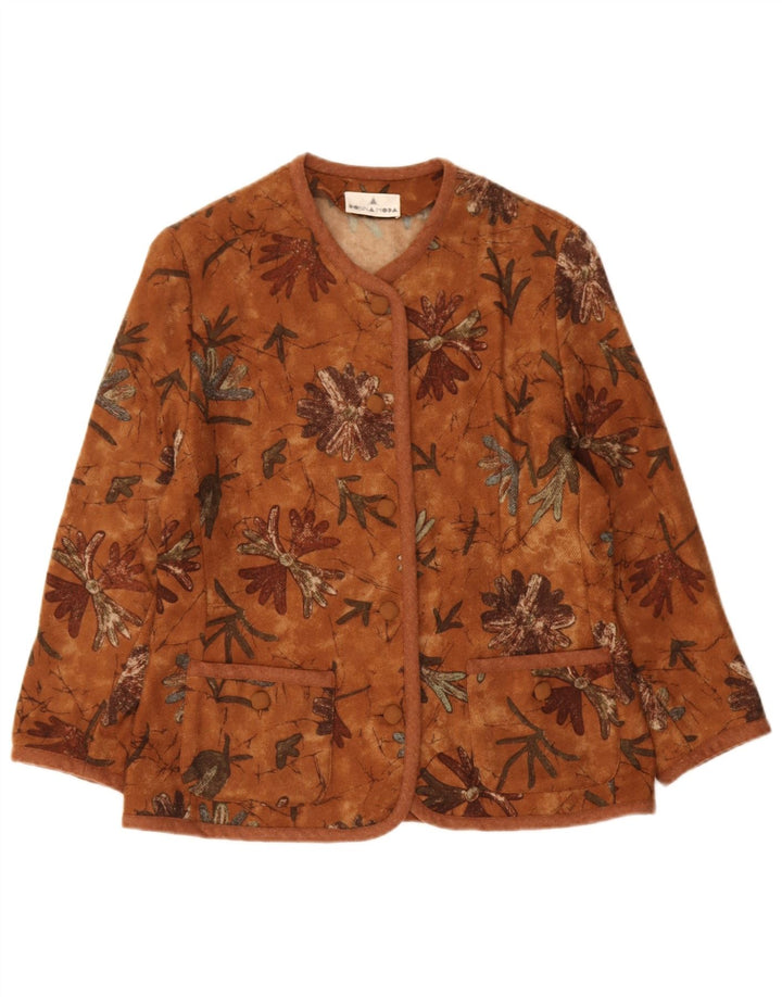 Jachetă vintage pentru femei cu 5 nasturi, UK 14, maro mediu, lână florală