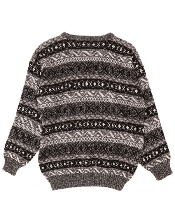 Pulover vintage pentru femei cu gât de barcă UK 16 mare, gri Fair Isle acrilic