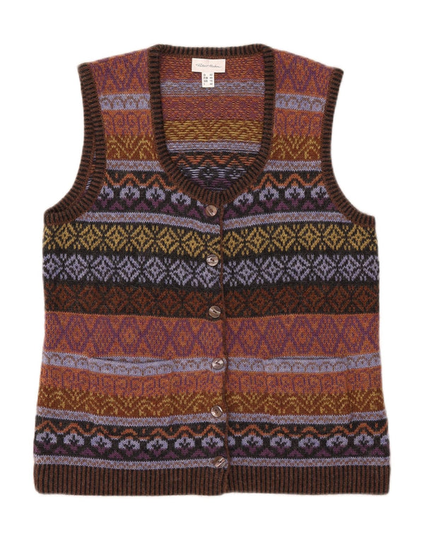 PETER HAHN Pulover cardigan fără mâneci pentru femei UK 16 Large Brown Fair Isle