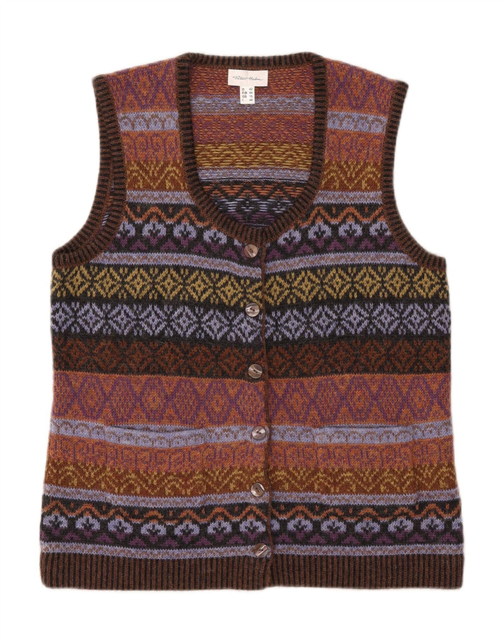 PETER HAHN Pulover cardigan fără mâneci pentru femei UK 16 Large Brown Fair Isle