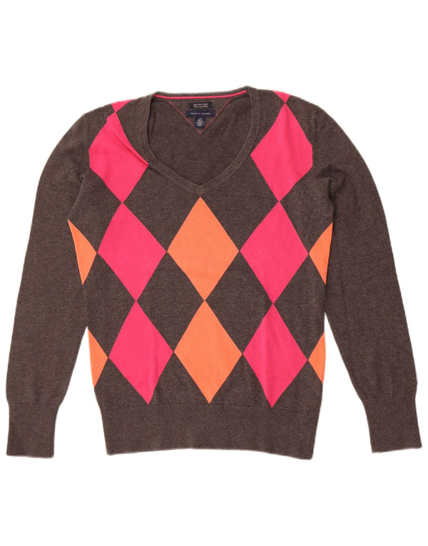 Pulover Tommy Hilfiger pentru femei cu decolteu în V UK 10 Small Gri Argyle/Diamond