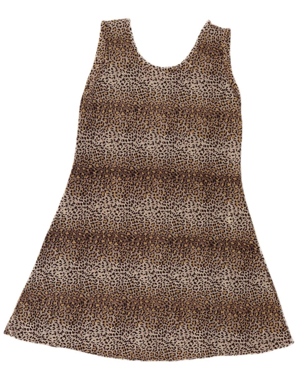 Mini rochie tunică fără mâneci vintage pentru femei UK 8 mic maro imprimeu animal