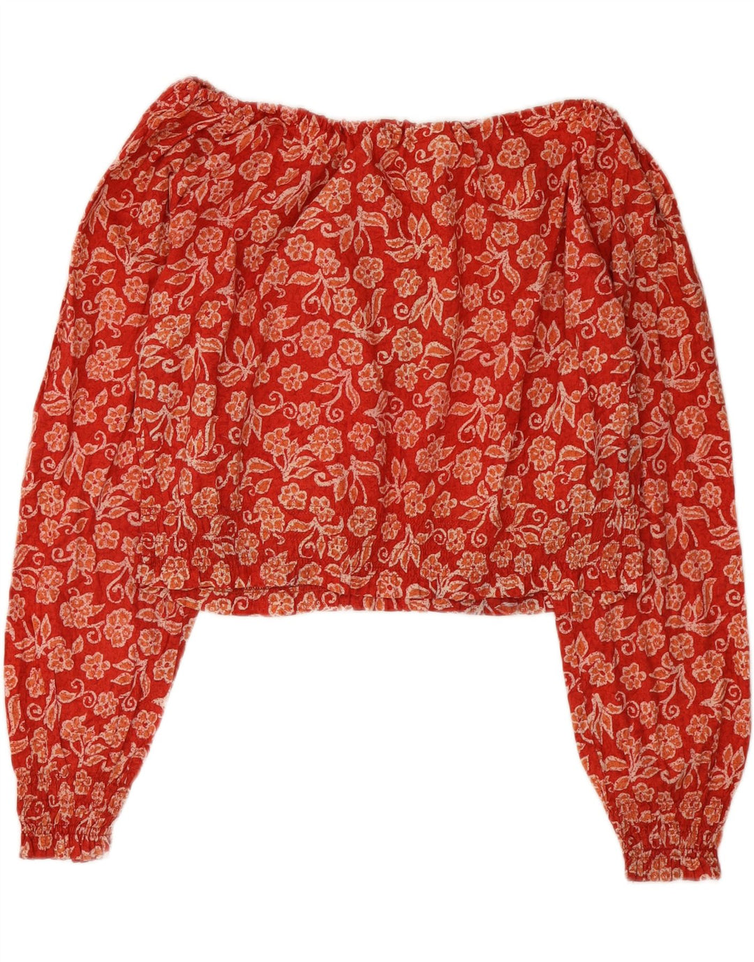 BENETTON Womens Crop Off Shoulder Top IT 42 Medium Red Floral Cotton Vintage Benetton and Second-Hand Benetton from Messina Hembry 