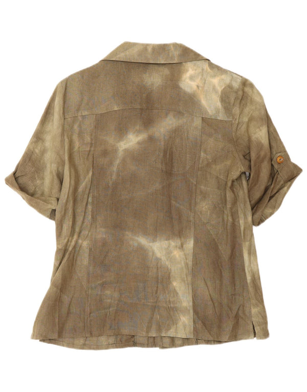 Bluză de cămașă cu mânecă scurtă pentru femei vintage UK 12 Medium Khaki Tie Dye Mătase