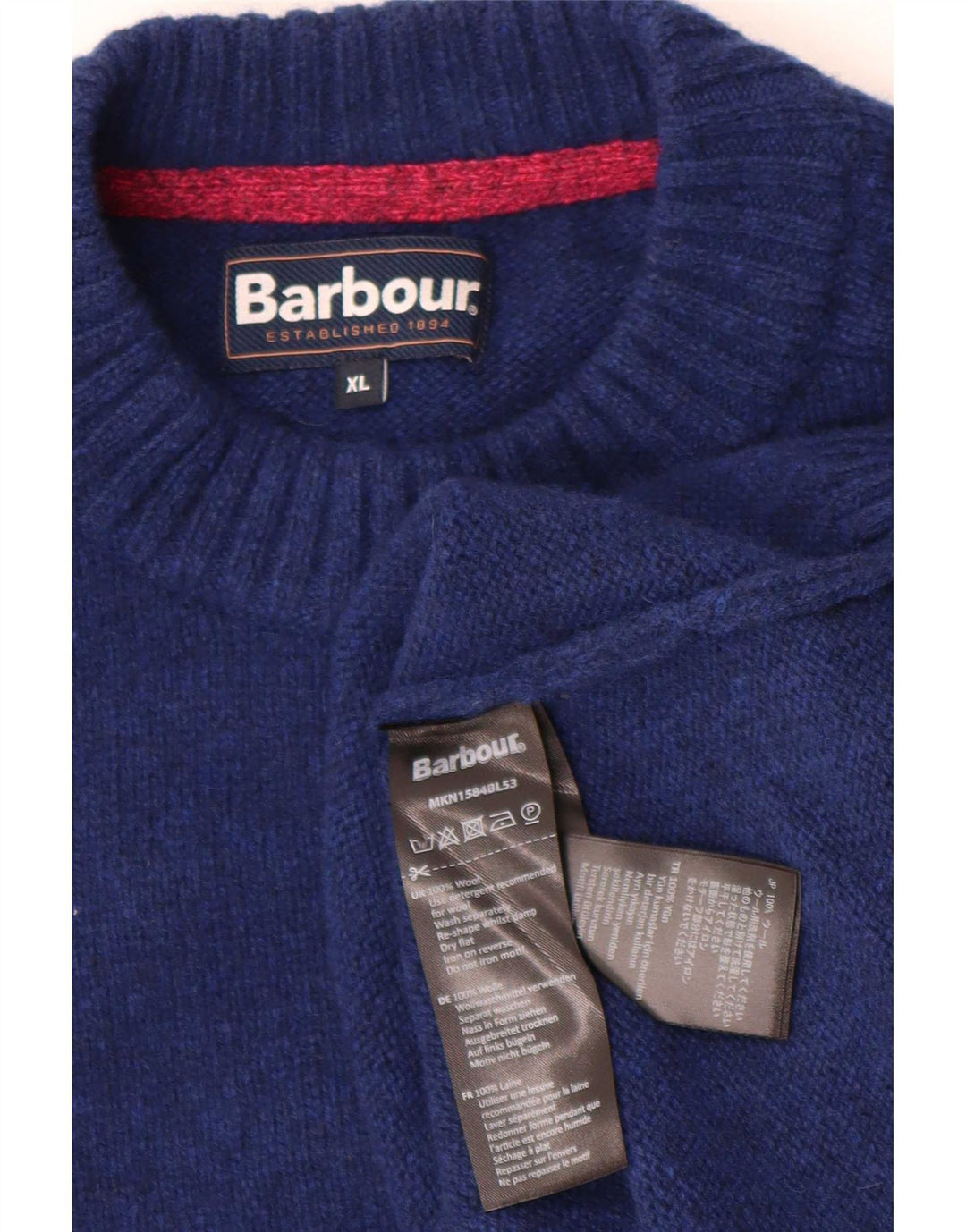 Pulover Barbour pentru bărbați cu gât roșu, XL, lână albastră