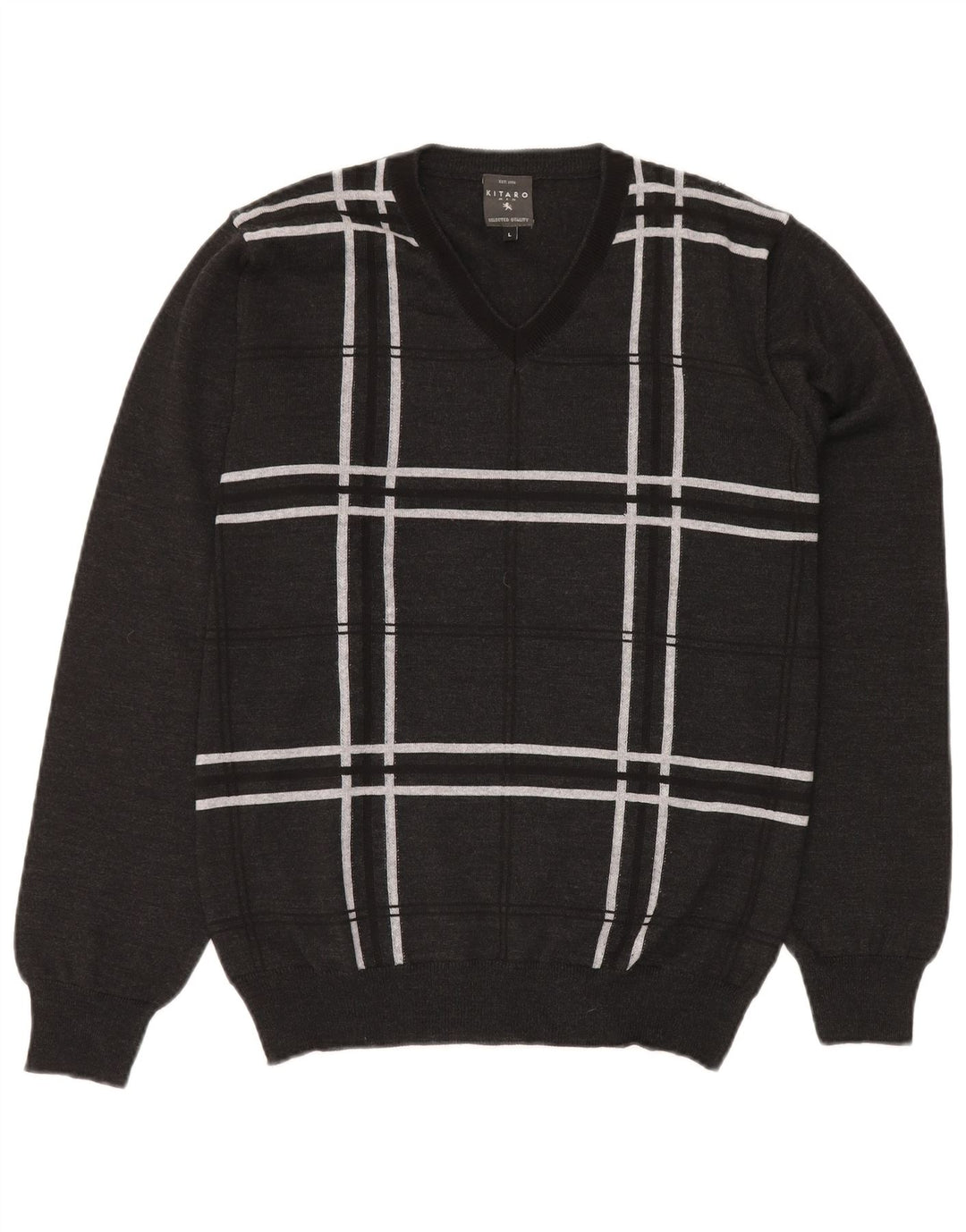 KITARO Pulover cu decolteu în V pentru bărbați, lână mare, cu carouri