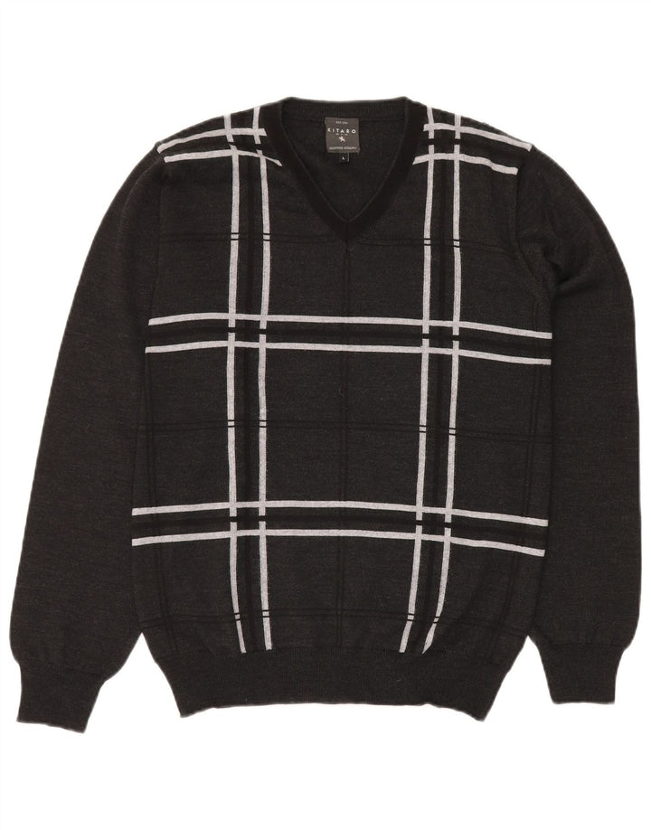 KITARO Pulover cu decolteu în V pentru bărbați, lână mare, cu carouri