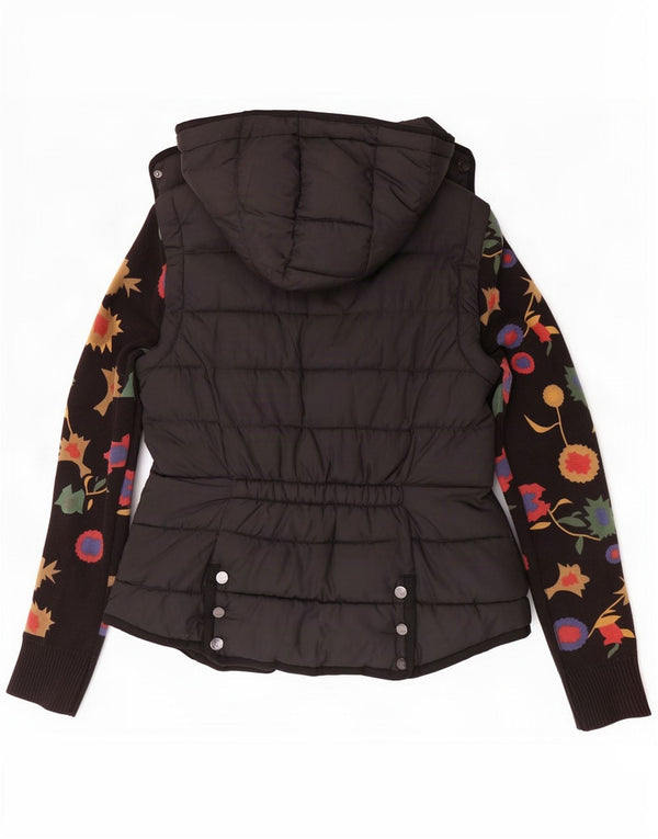 Desigual Womens Hooded Padded Jacket EU 42 Large Black Floral Cotton
