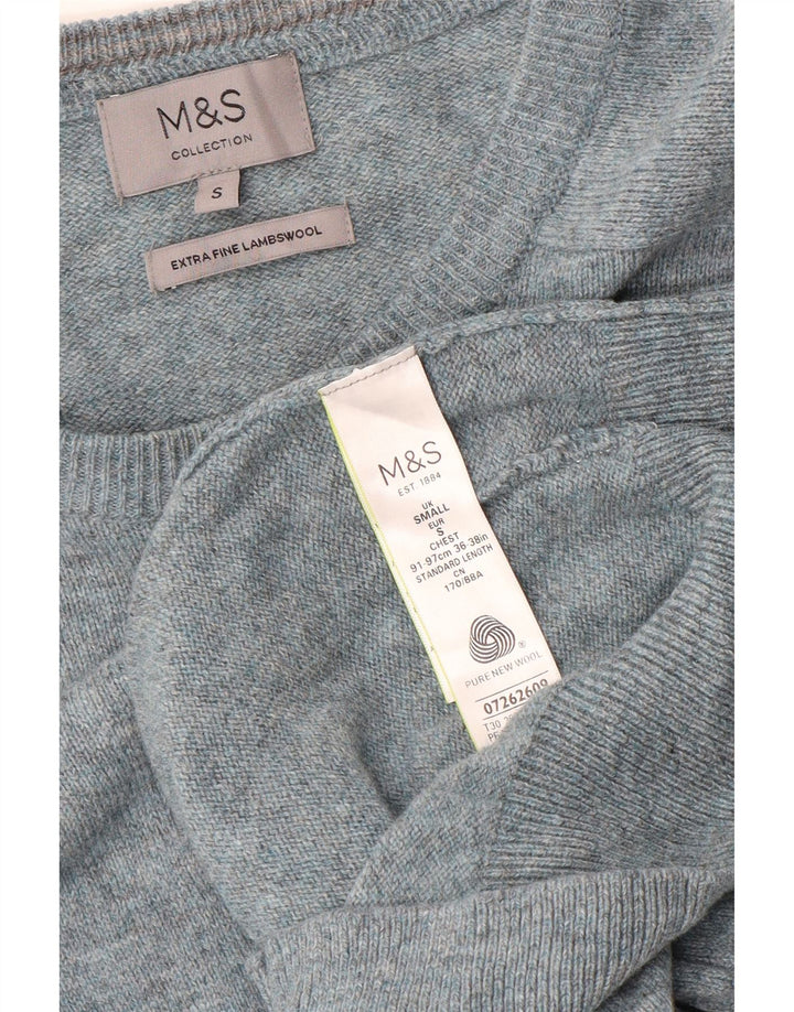 Pulover pentru bărbați Marks & Spencer, cu gât de barcă, din lână de miel albastră mică
