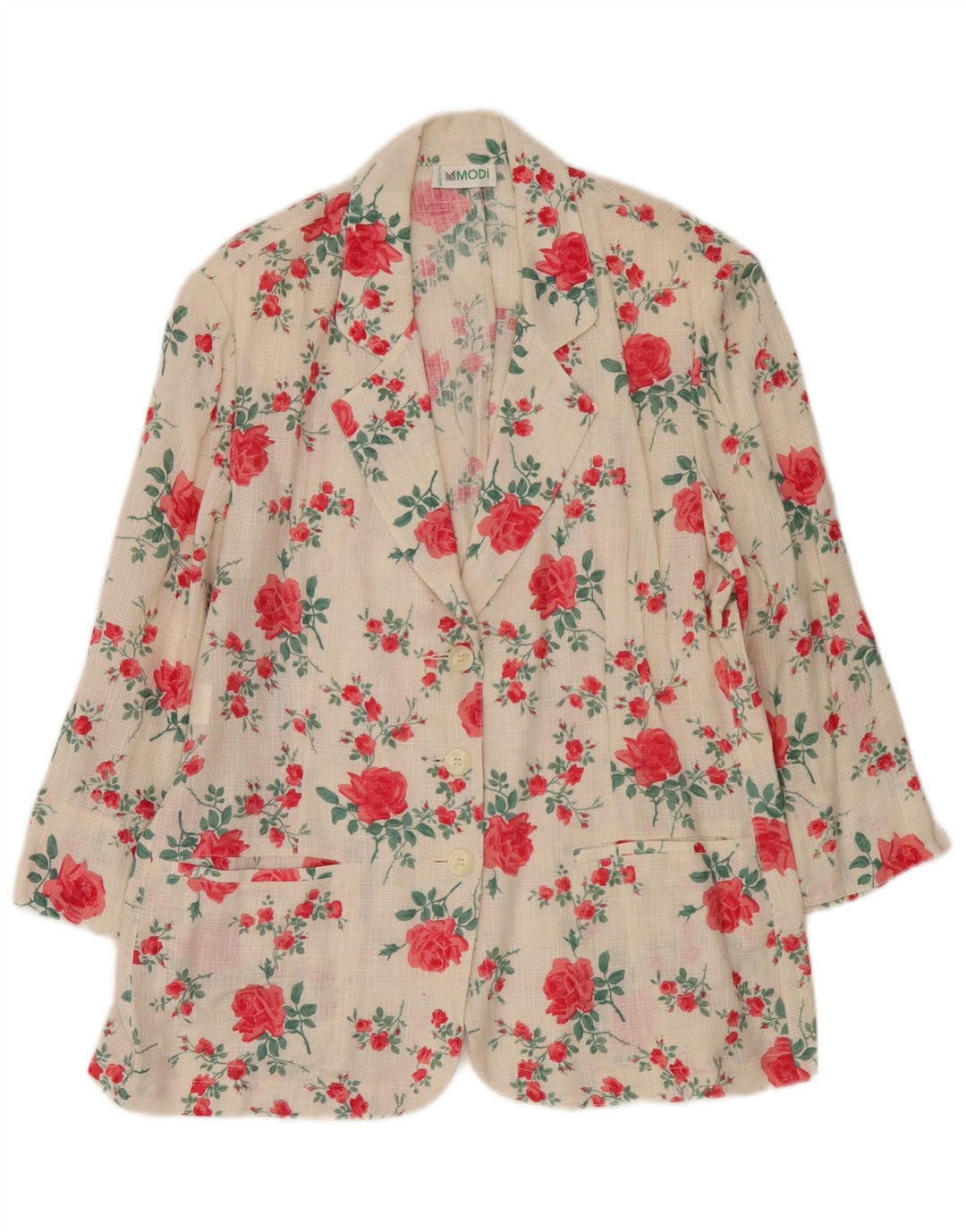 Jachetă vintage pentru femei cu 3 nasturi, IT 50 XL, in alb, cu flori