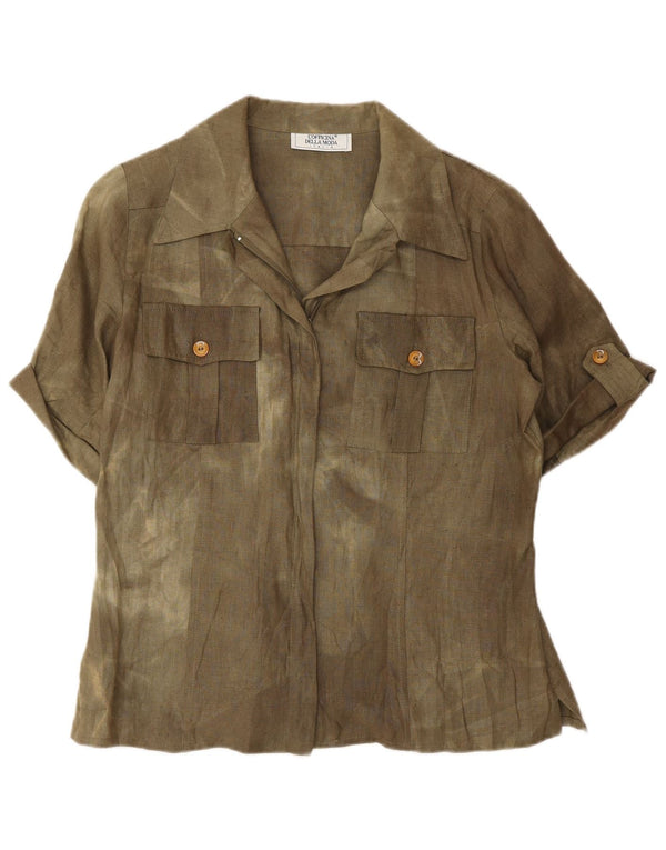 Bluză de cămașă cu mânecă scurtă pentru femei vintage UK 12 Medium Khaki Tie Dye Mătase