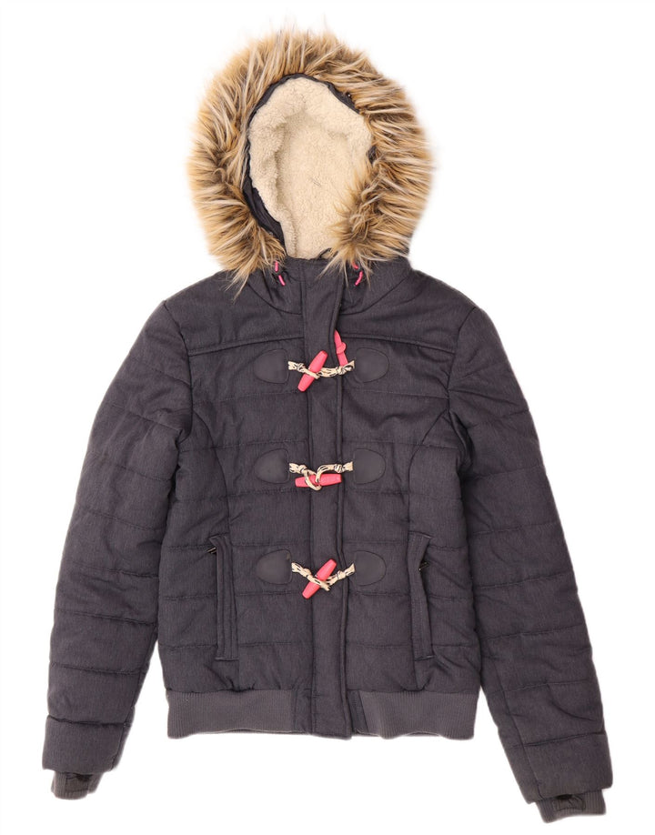 Jachetă bomber căptușită cu glugă Superdry pentru femei UK 8, poliester gri mic