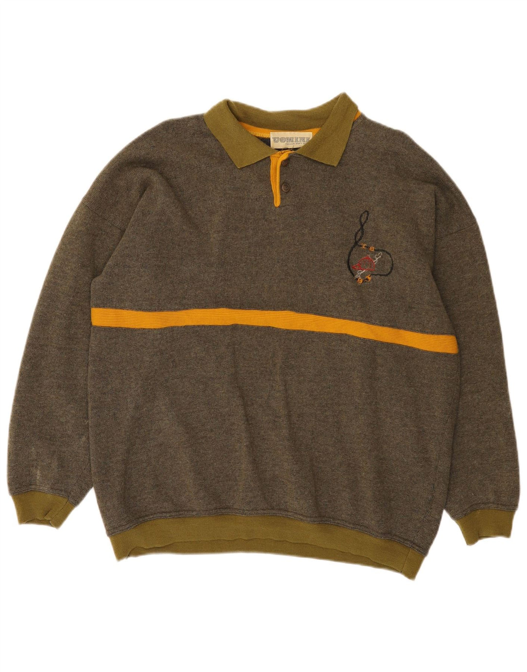 Pulover vintage pentru bărbați cu gât polo, lână mare cu dungi kaki