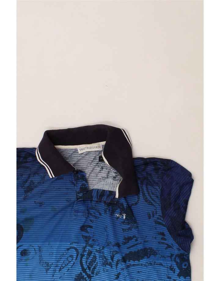 TRUSSARDI Mens Abstract Pattern Polo Shirt Large Blue Cotton Vintage Trussardi and Second-Hand Trussardi from Messina Hembry 