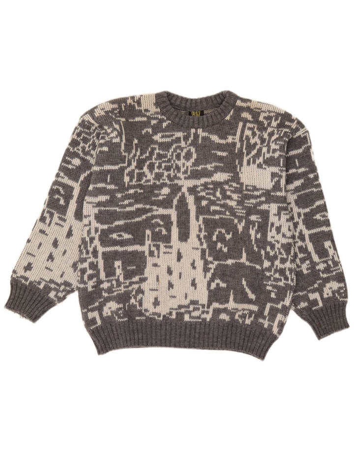 Pulover vintage pentru bărbați, cu model abstract, cu gât rotund, mic, gri