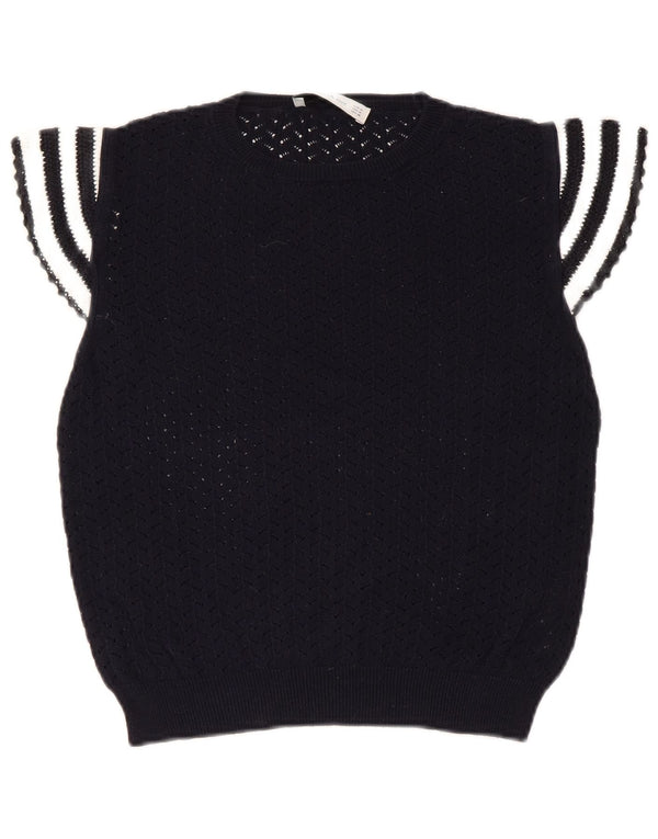 Bluză de tricot crop pentru femei Zara UK 12, bumbac cu dungi albastru marin mediu