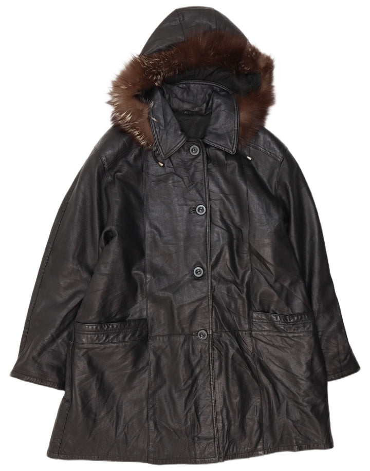 VINTAGE Palton supradimensionat din piele cu glugă pentru femei IT 48 XL din piele neagră
