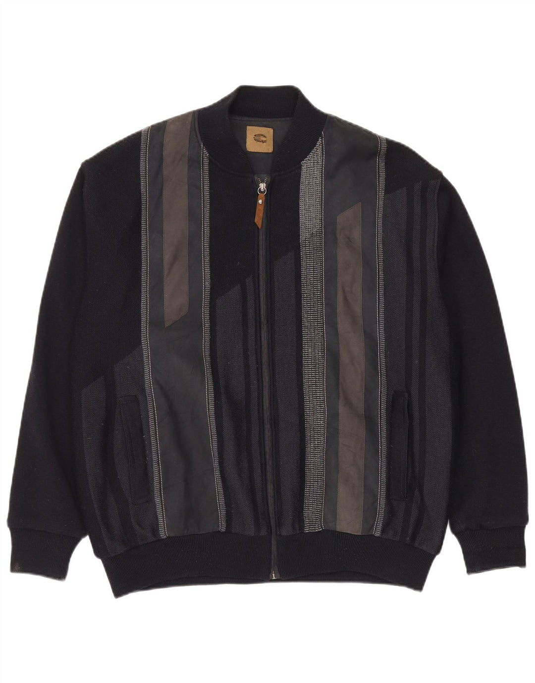 Jachetă Bomber Vintage pentru bărbați din tricot IT 56 2XL Lână neagră color bloc
