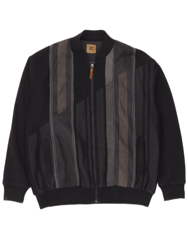 Jachetă Bomber Vintage pentru bărbați din tricot IT 56 2XL Lână neagră color bloc