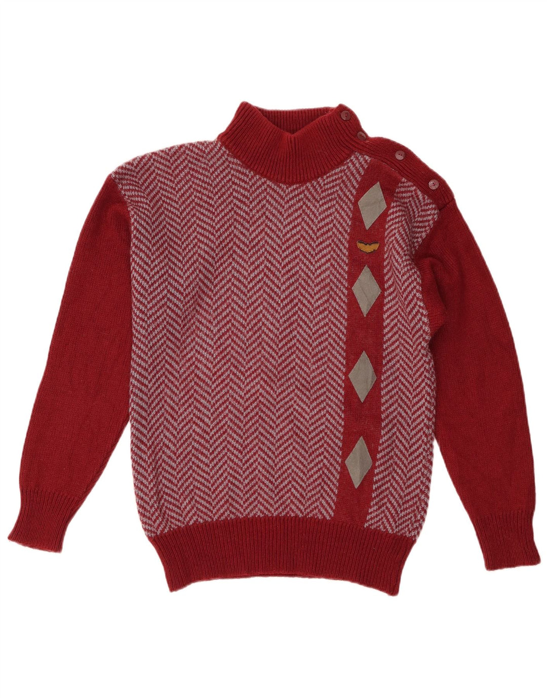 Pulover vintage pentru femei cu gât cu nasturi, UK 12, roșu mediu acrilic