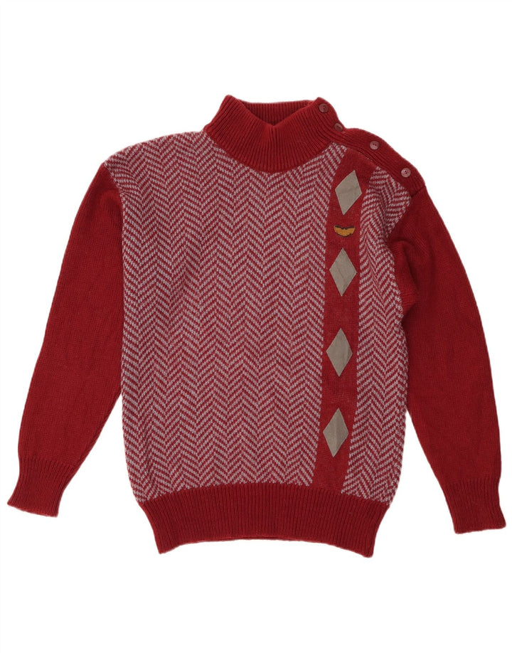 Pulover vintage pentru femei cu gât cu nasturi, UK 12, roșu mediu acrilic