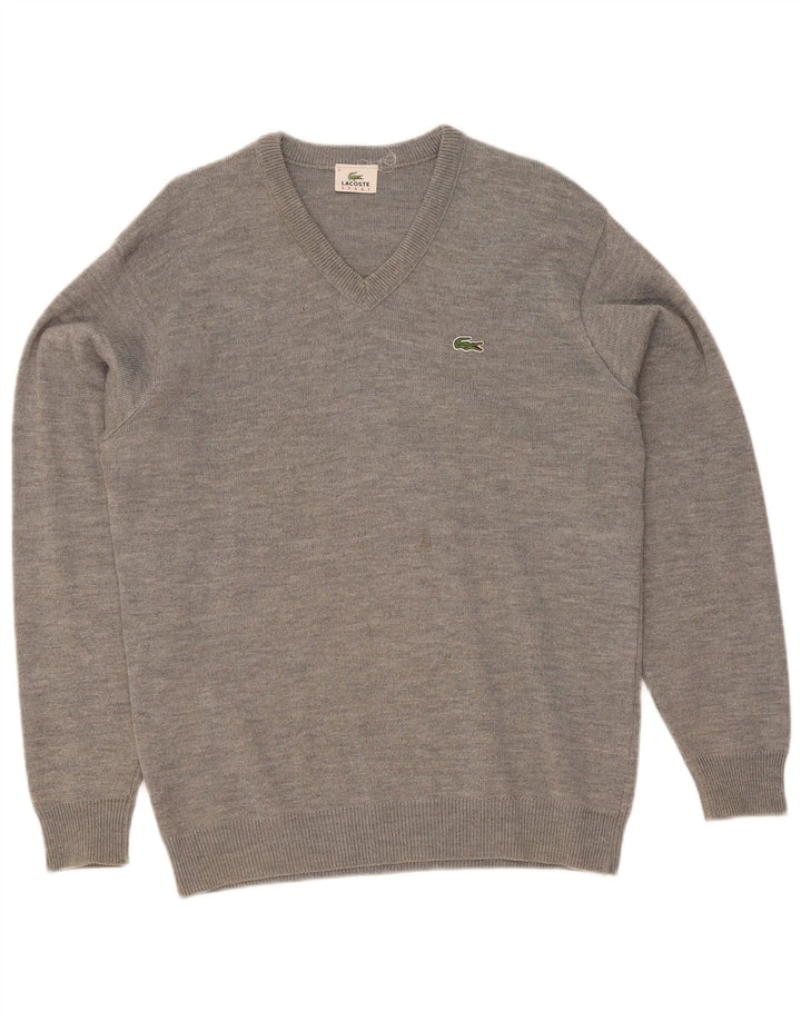 LACOSTE Mens V-Neck Jumper Sweater Size 5 Large Grey Wool