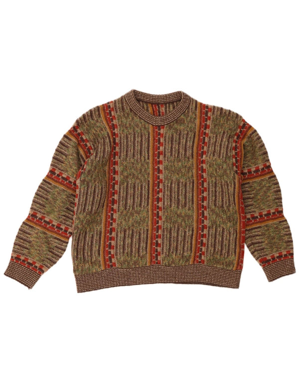 Pulover vintage pentru femei cu decolteu rotund UK 16 mare kaki cu dungi