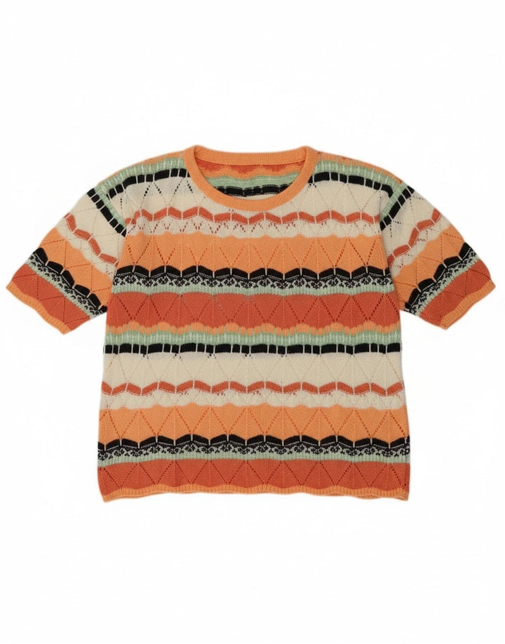 Pulover vintage pentru femei cu decolteu triplu UK 14 Medium Orange Geometric