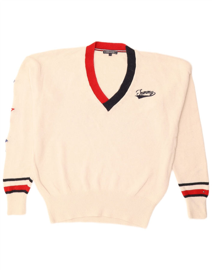 Pulover Tommy Hilfiger pentru bărbați, cu decolteu în V, din bumbac alb mediu