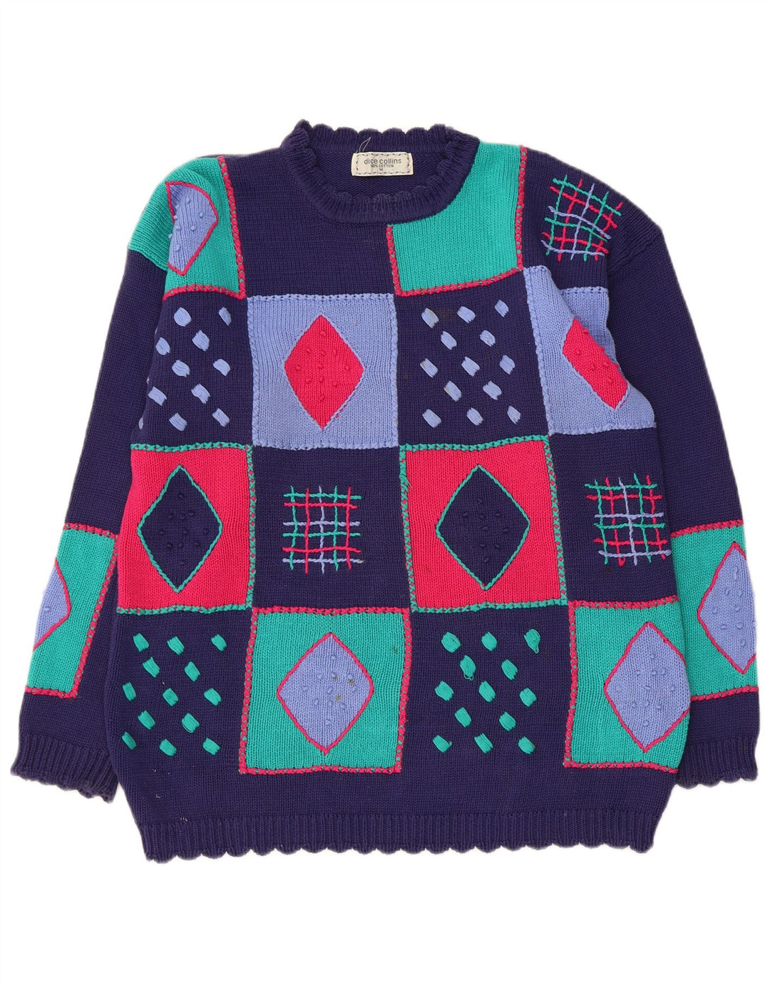 Pulover VINTAGE pentru femei cu decolteu triplu UK 14 Medium Patchwork bleumarin