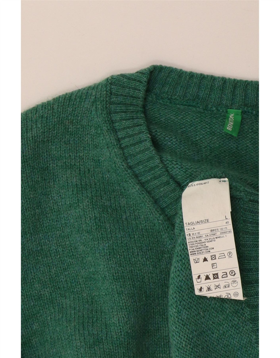 Pulover cu decolteu în V Benetton pentru bărbați, lână verde mare