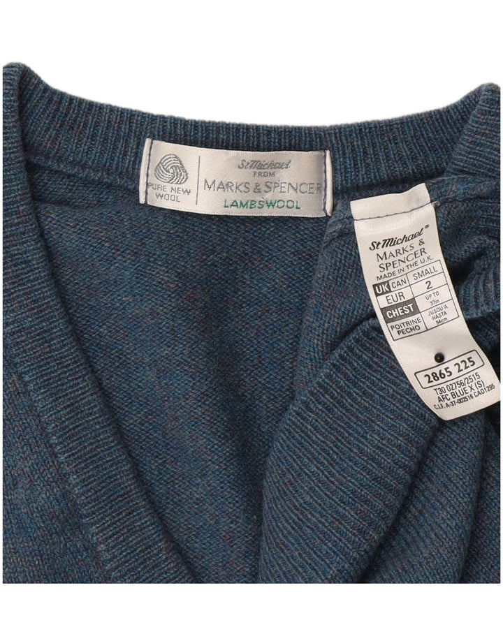 Pulover cu decolteu în V pentru bărbați Marks & Spencer, lână de miel albastră mică