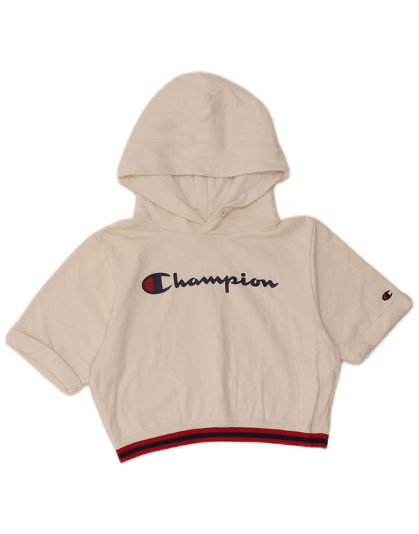 Pulover pentru damă CHAMPION Crop Graphic cu mânecă scurtă cu glugă UK 10 Small White