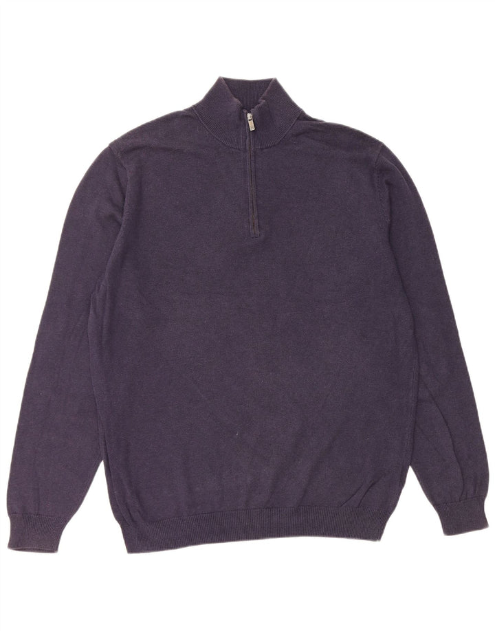 MASSIMO DUTTI Pulover pentru bărbați, cu fermoar, cu gât, din bumbac mare, albastru bleumarin