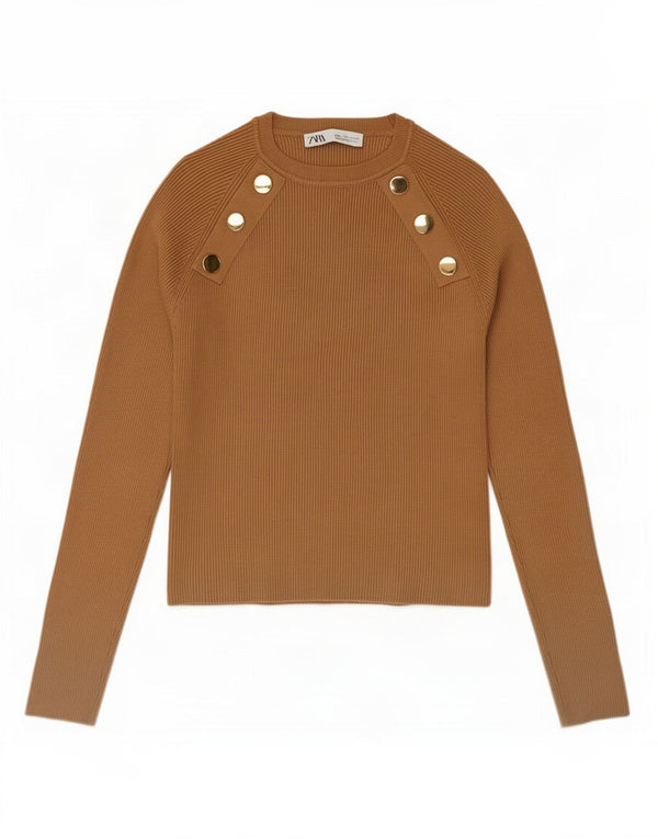 Crop Top pentru femei Zara cu mânecă lungă UK 14 mare, bej, viscoză