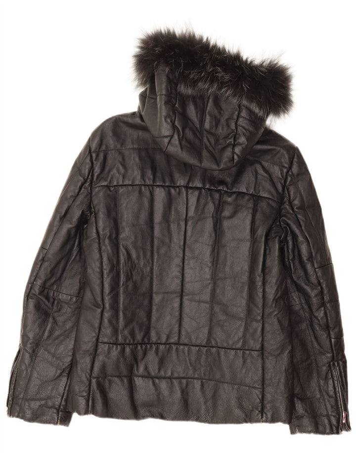 Jachetă de piele vintage pentru femei cu glugă IT 48 XL din piele neagră