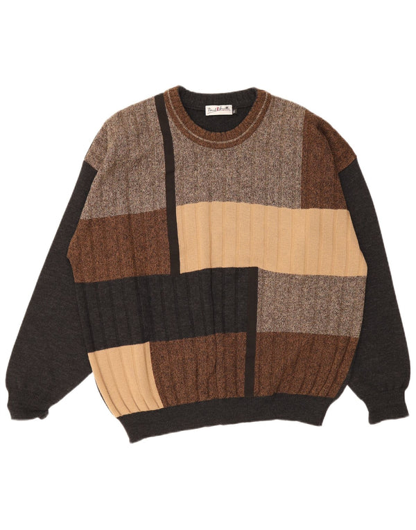 Pulover vintage pentru bărbați cu gât roșu, XL, lână multicoloră, bloc de culoare