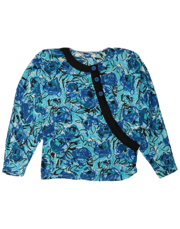 Vintage Womens Boat Neck Jumper Sweater UK 14 Medium Blue Floral Acrylic