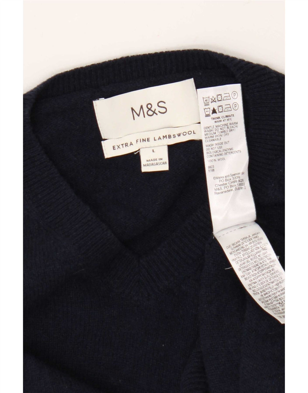 Pulover pentru bărbați Marks & Spencer, cu decolteu în V, mare, lână bleumarin