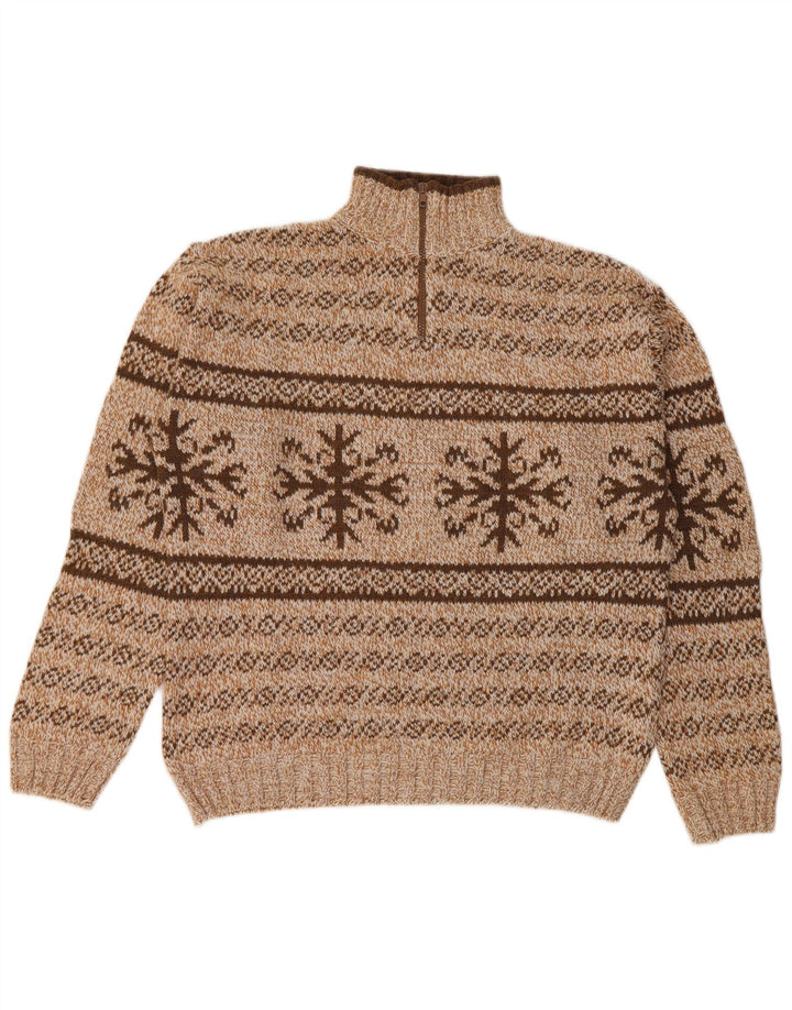 Pulover vintage pentru bărbați cu fermoar și gât, maro mediu, acrilic Fair Isle