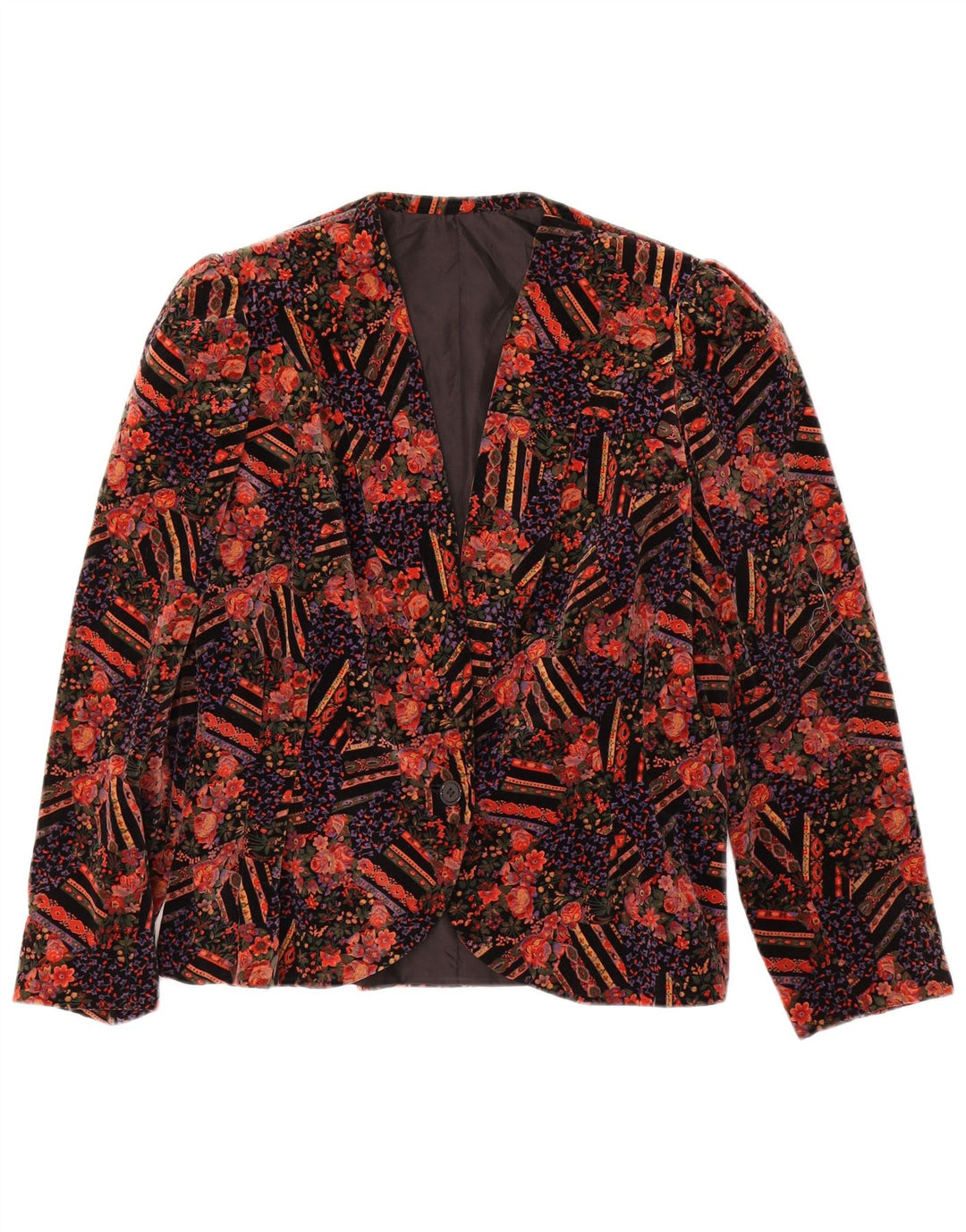 Jachetă pentru femei VINTAGE din catifea cu 1 nasture UK 14 Medium Roșu Floral