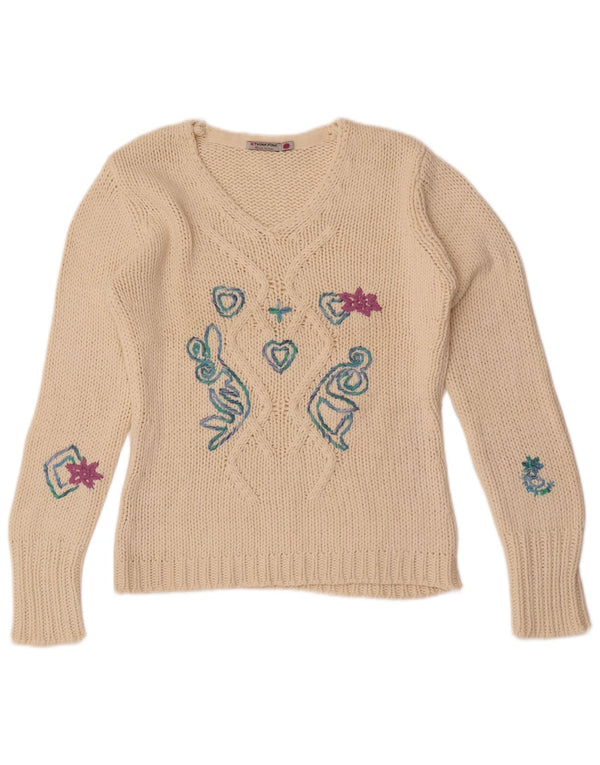 Pulover pentru femei Think Pink cu decolteu în V UK 14 Medium Alb catifelat Floral