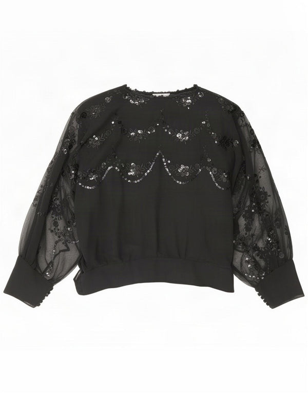 Vintage Womens See Through Long Sleeve Blouse Top UK 14 Medium Black Floral