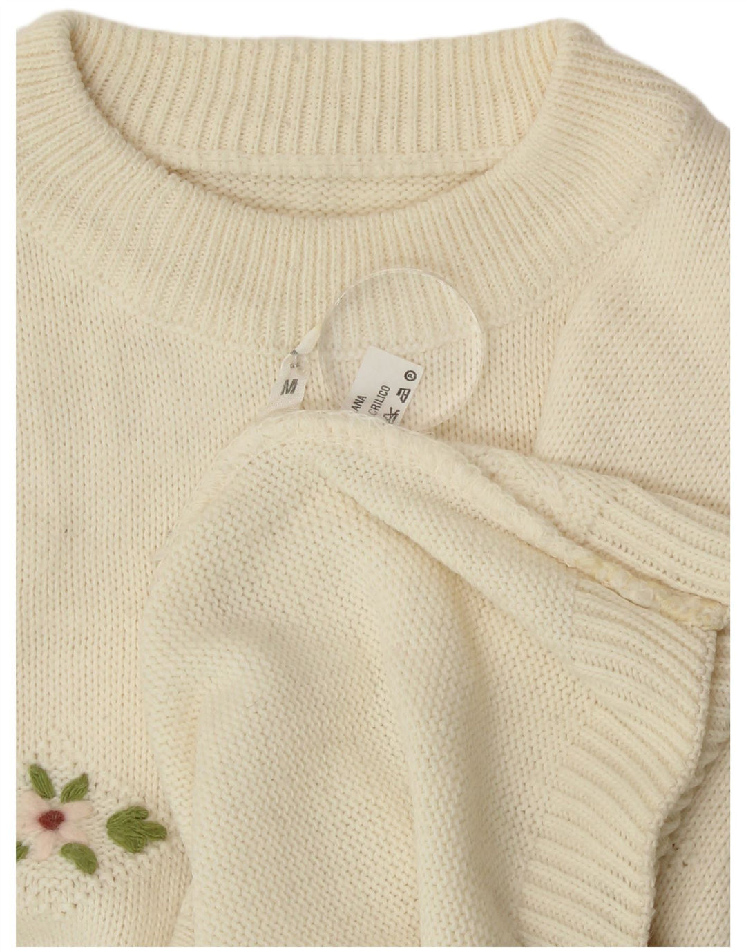 Pulover vintage pentru femei cu decolteu rotund din lână albă, medie, UK 14