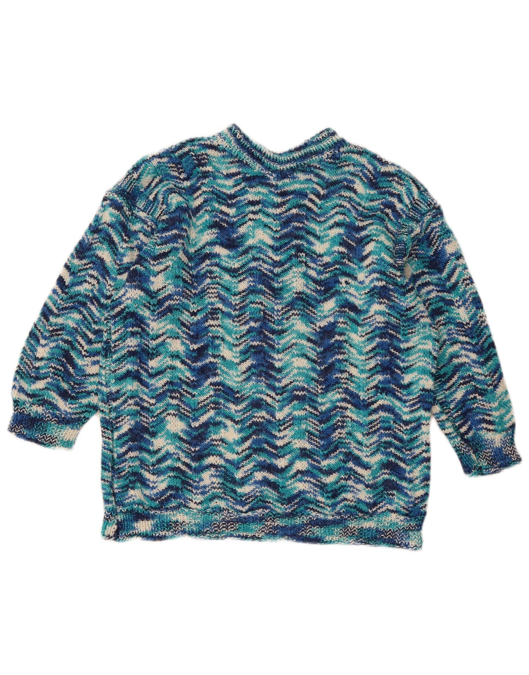 Pulover vintage pentru femei cu decolteu triplu UK 14 Medium Blue Geometric