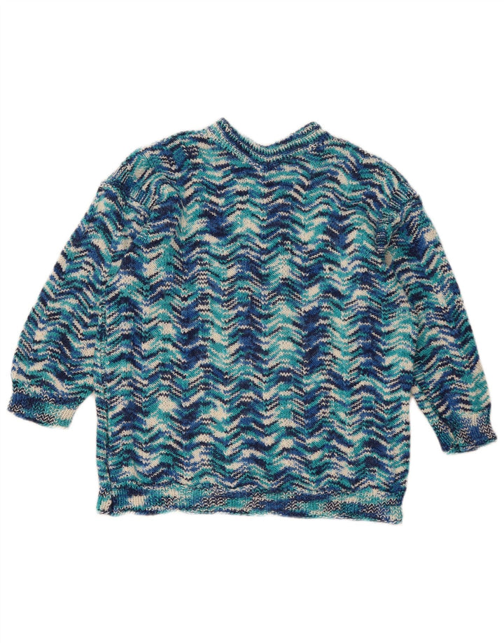 Pulover vintage pentru femei cu decolteu triplu UK 14 Medium Blue Geometric