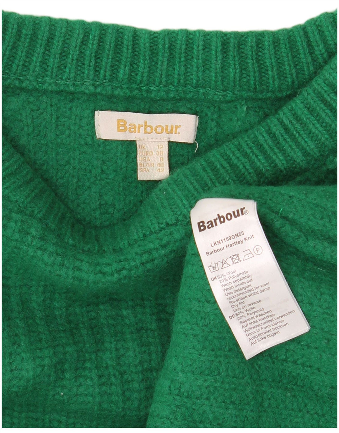 BARBOUR Pulover de damă crop cu gât barcă UK 12 Lână verde medie